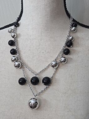 Kenneth Jay Lane 2 Strand Layered Silver Chain Necklace Black and Silver Beads